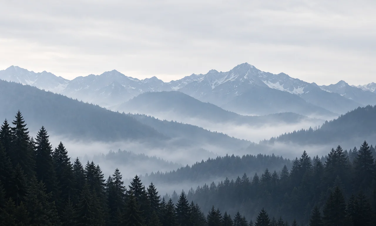 Misty mountain ridges and pine forests in the morning light